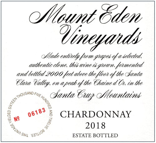 Mount Eden Vineyards Chardonnay Estate Bottled Santa Cruz Mountains